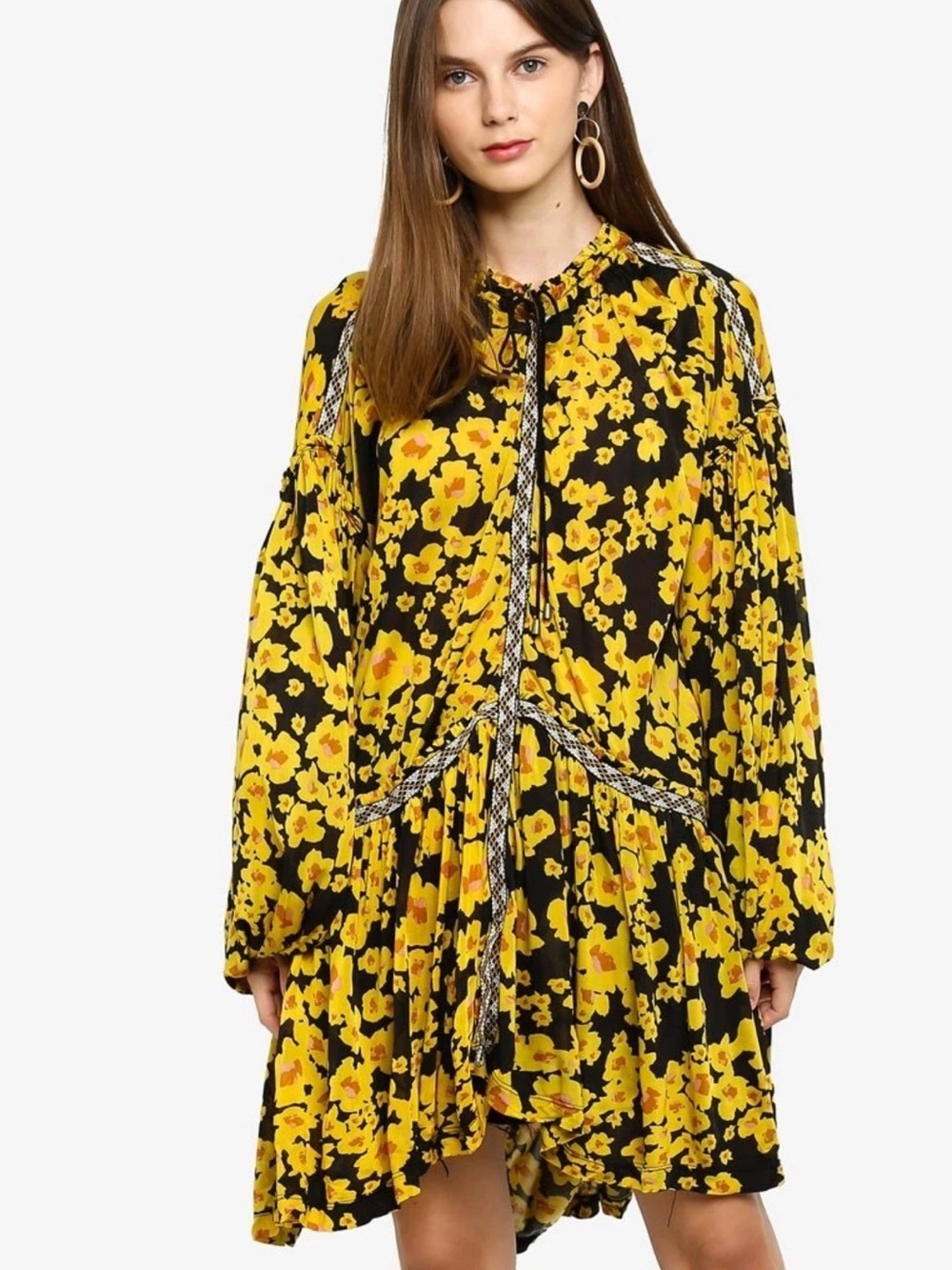 Free People Love Letter button dress black and yellow floral size small - Picture 2 of 10